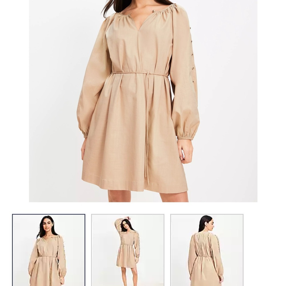 LOFT Beige Tie-Waist Long Sleeve Mini Dress
